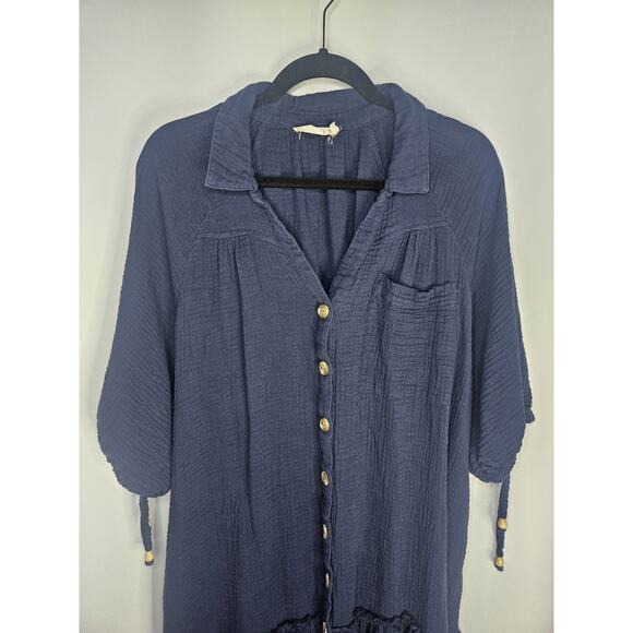 MILLIBON USA Dress Womens Large Tiered Navy Shirtdress Boho Cottagecore - Picture 2 of 7